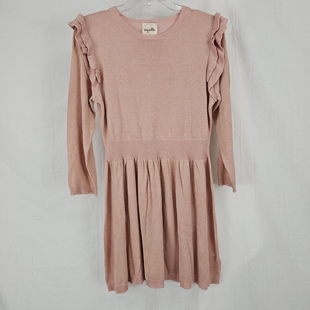 Vignette Girls Carrie Dress In Pink Size 12Y Glitter Long Sleeve Ruffle